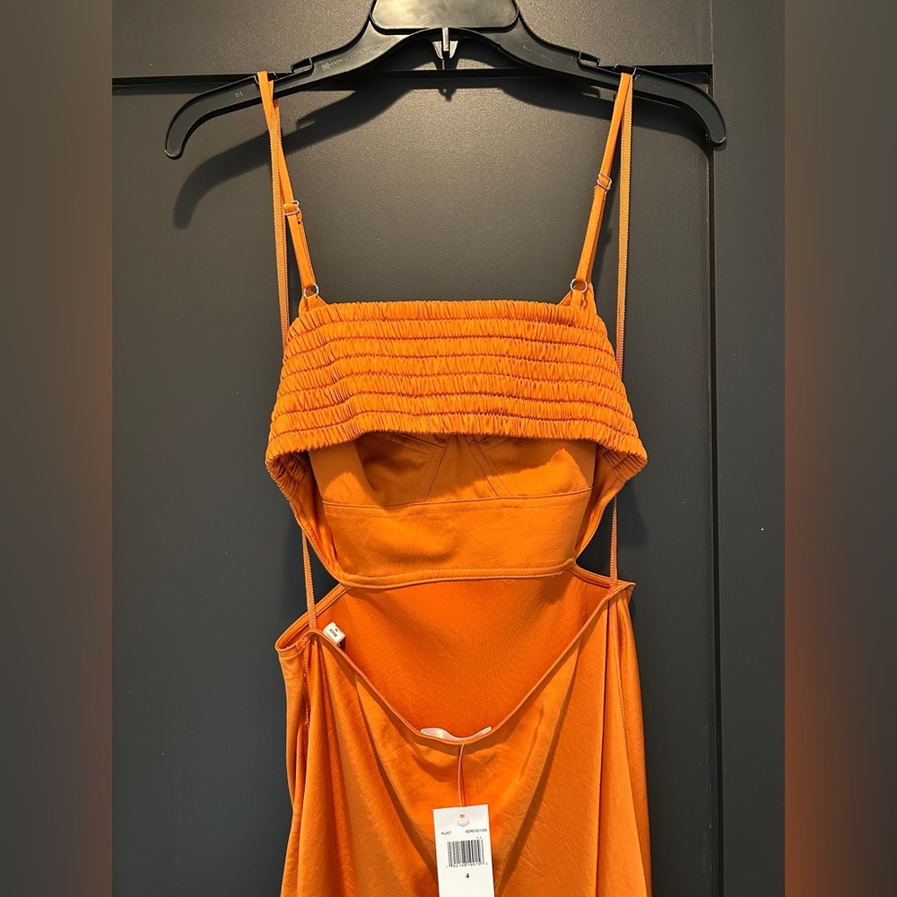 A.L.C. Blakey Cut-Out Satin Midi Dress Smocked Back Rust Orange Size 4 - Picture 9 of 13